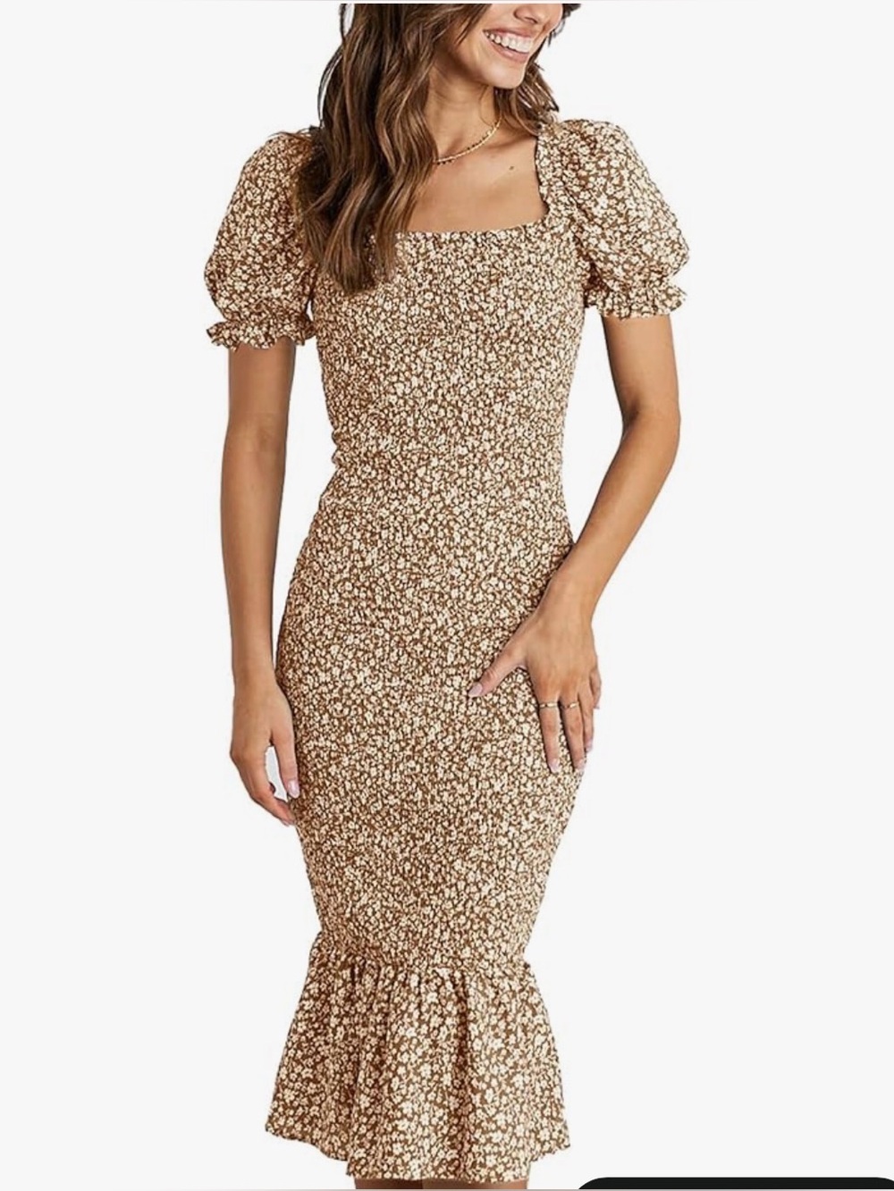 Elegant Brown Puff Sleeve Dress
